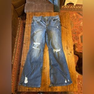 Mauricea High Rise button fly distressed flares